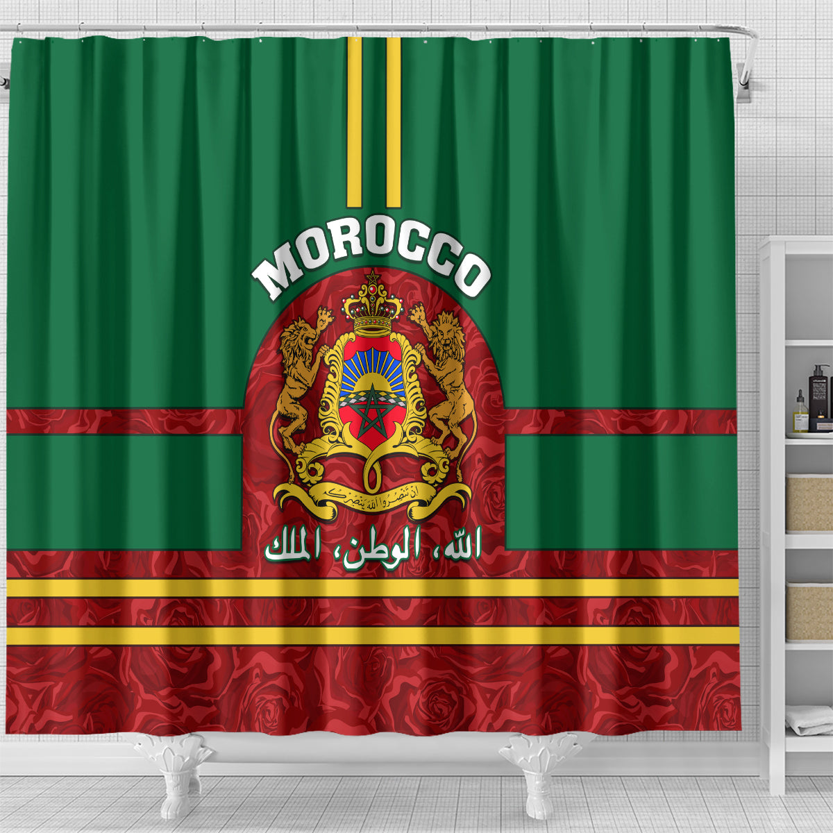 morocco-proclamation-day-shower-curtain-marruecos-coat-of-arms-roses-pattern