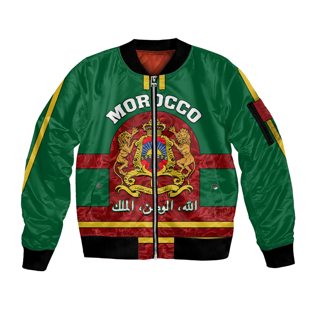 Morocco Proclamation Day Sleeve Zip Bomber Jacket Marruecos Coat of Arms Roses Pattern - Wonder Print Shop
