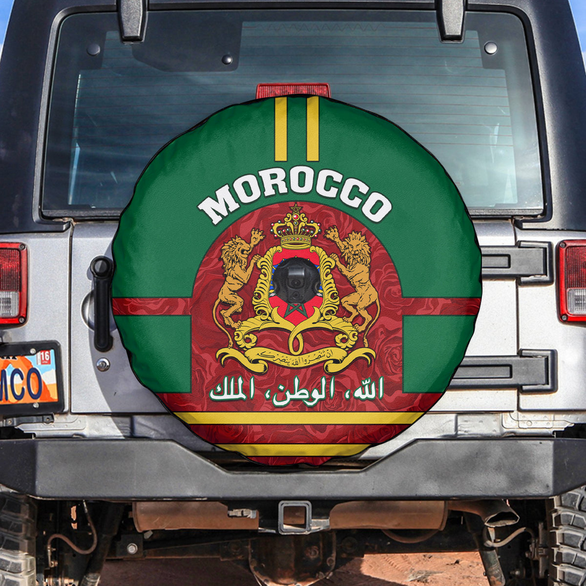 Morocco Proclamation Day Spare Tire Cover Marruecos Coat of Arms Roses Pattern - Wonder Print Shop
