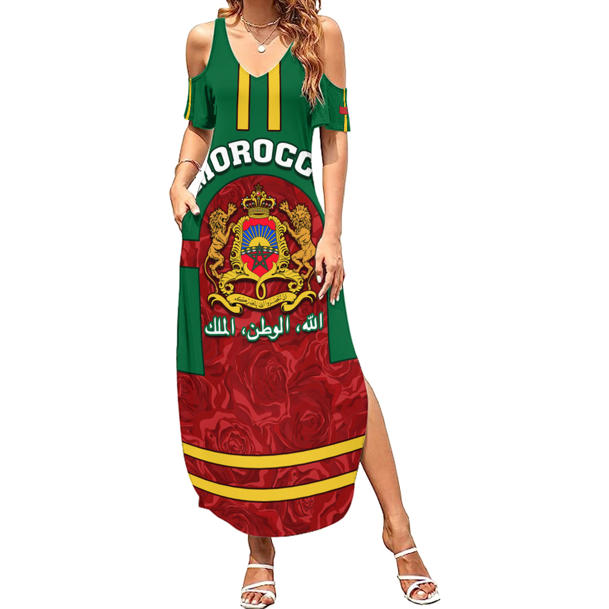 Morocco Proclamation Day Summer Maxi Dress Marruecos Coat of Arms Roses Pattern - Wonder Print Shop