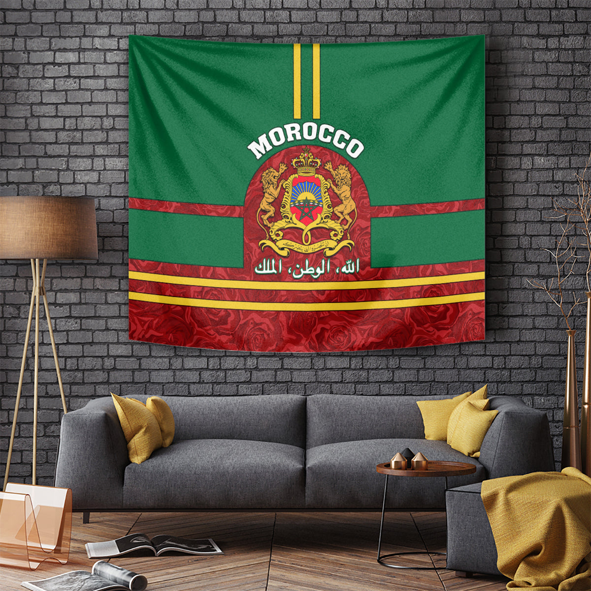 Morocco Proclamation Day Tapestry Marruecos Coat of Arms Roses Pattern - Wonder Print Shop