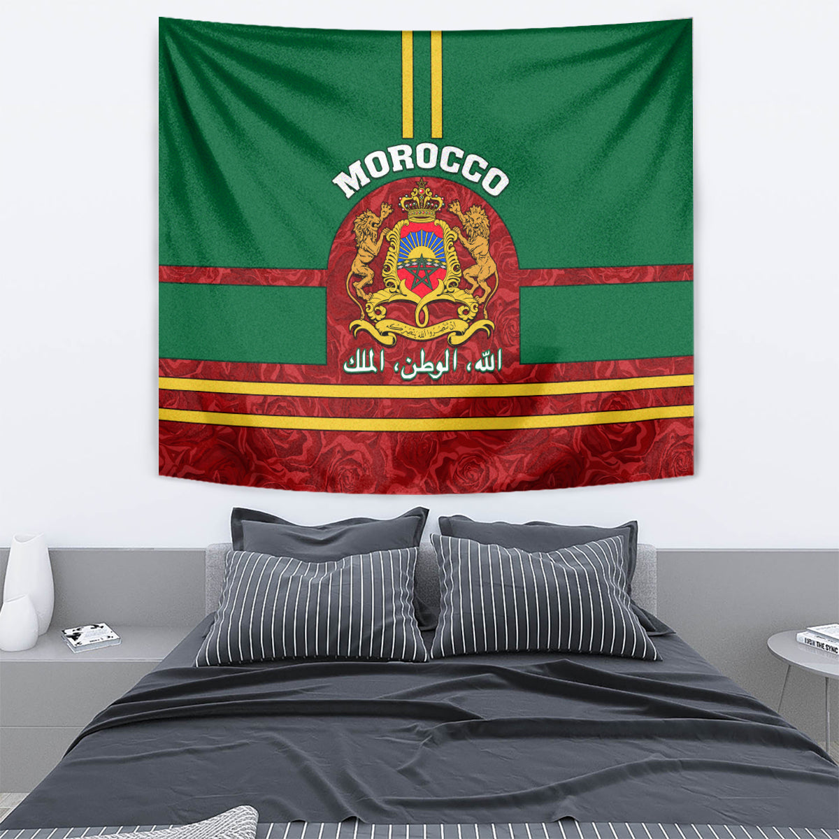 Morocco Proclamation Day Tapestry Marruecos Coat of Arms Roses Pattern - Wonder Print Shop