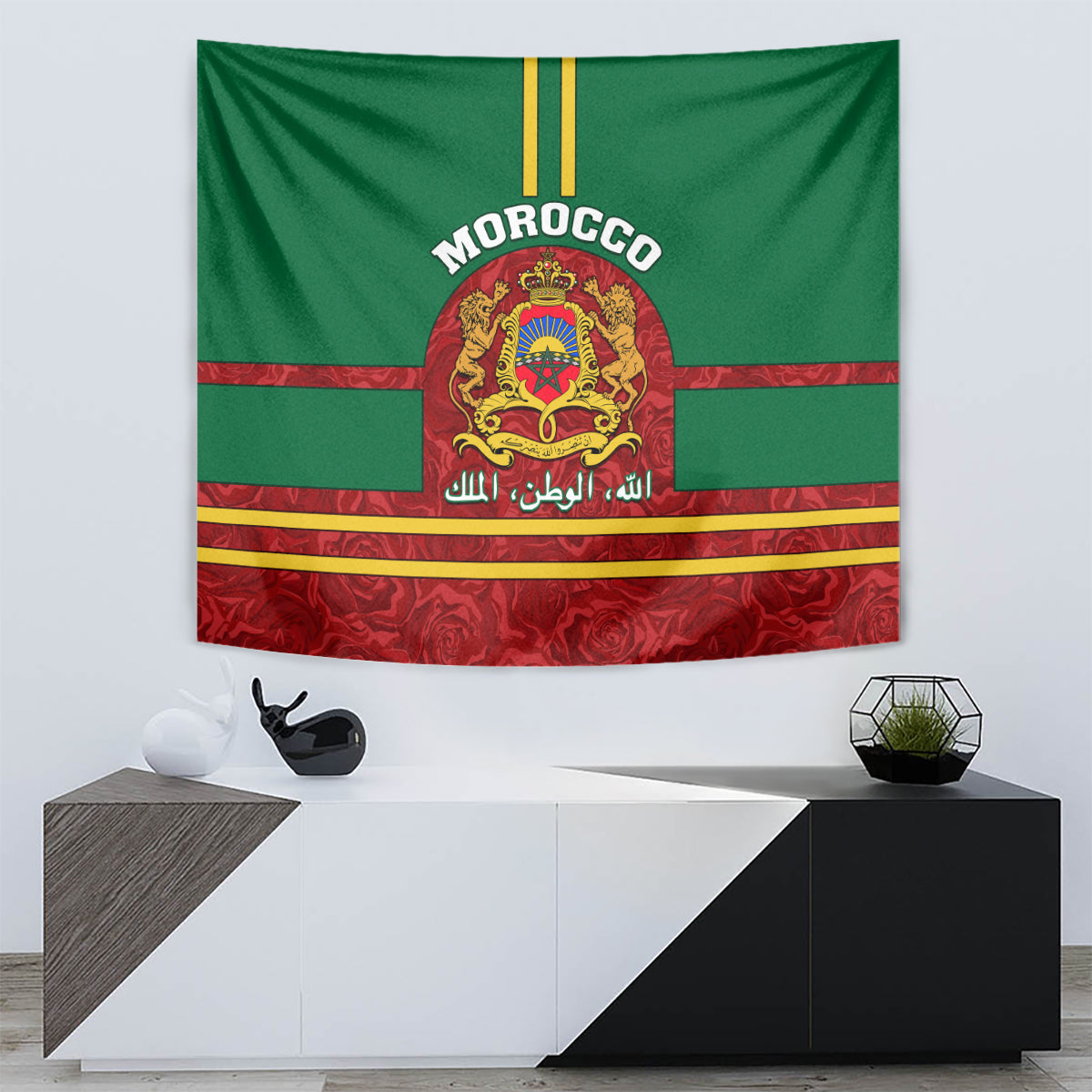 Morocco Proclamation Day Tapestry Marruecos Coat of Arms Roses Pattern - Wonder Print Shop