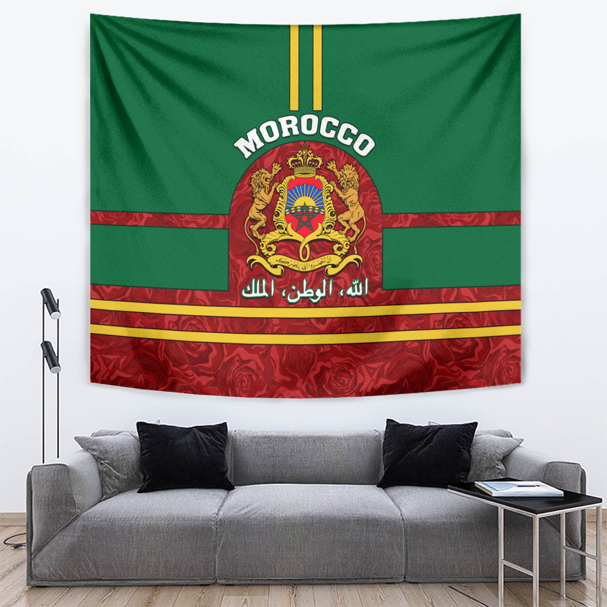 Morocco Proclamation Day Tapestry Marruecos Coat of Arms Roses Pattern - Wonder Print Shop