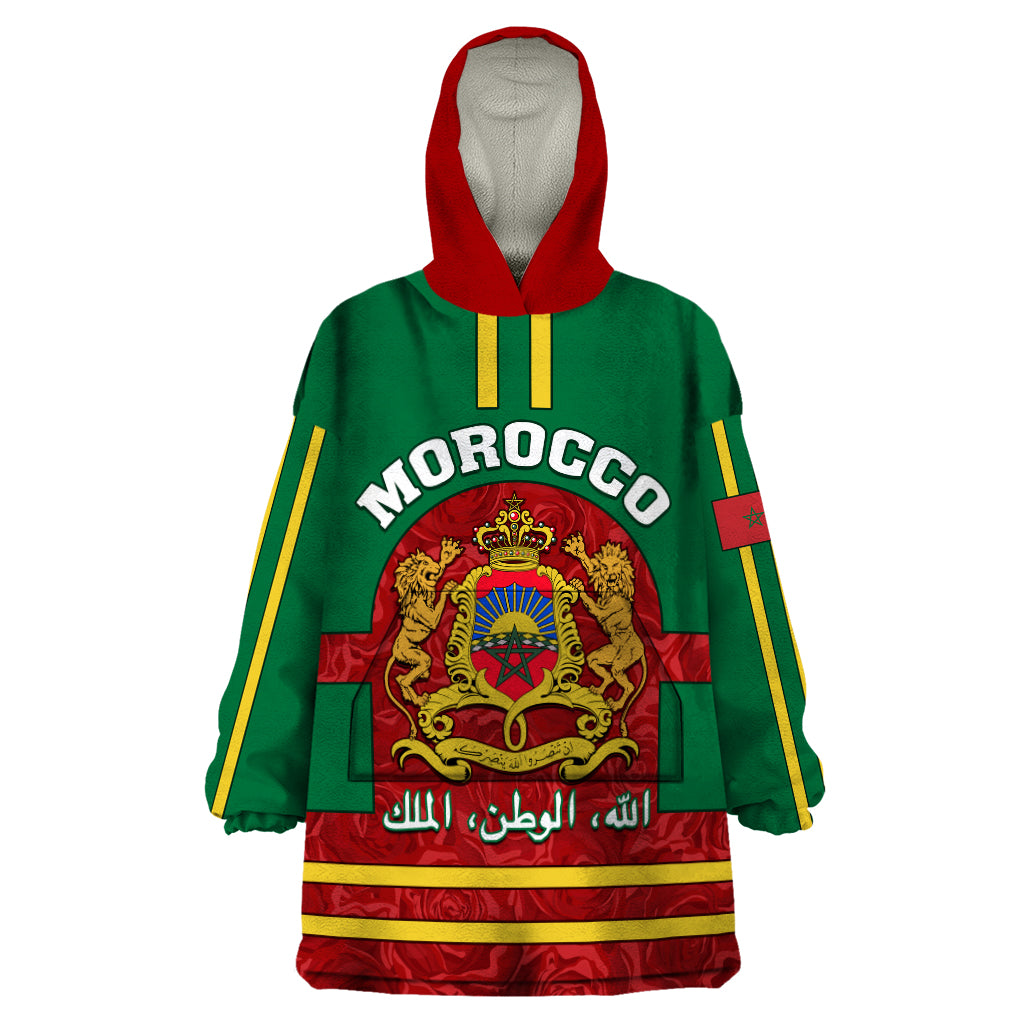 Morocco Proclamation Day Wearable Blanket Hoodie Marruecos Coat of Arms Roses Pattern - Wonder Print Shop