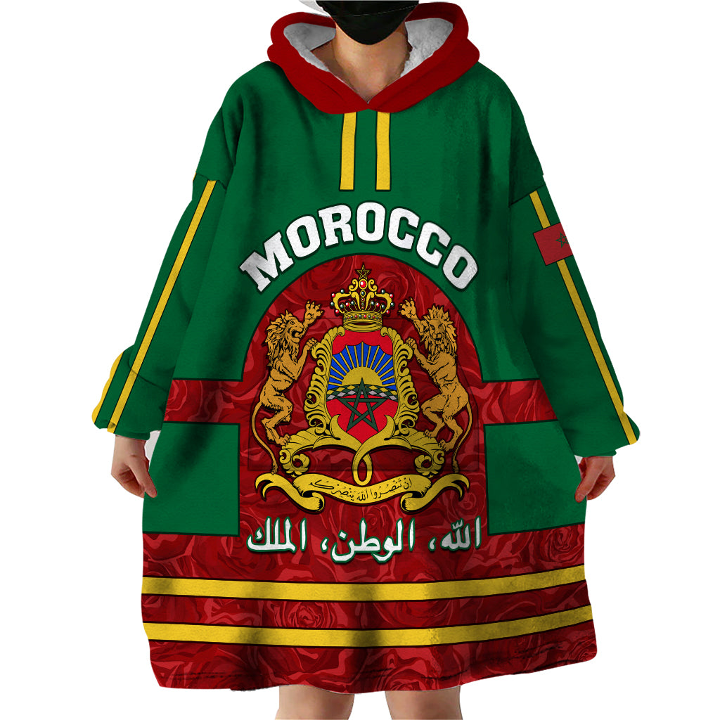 Morocco Proclamation Day Wearable Blanket Hoodie Marruecos Coat of Arms Roses Pattern - Wonder Print Shop