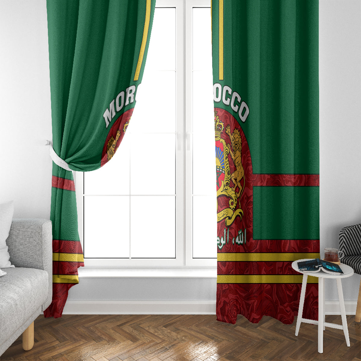 Morocco Proclamation Day Window Curtain Marruecos Coat of Arms Roses Pattern - Wonder Print Shop