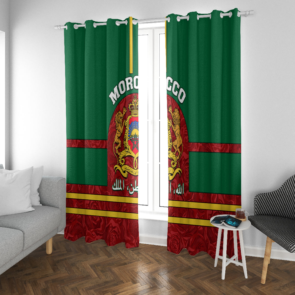 Morocco Proclamation Day Window Curtain Marruecos Coat of Arms Roses Pattern - Wonder Print Shop