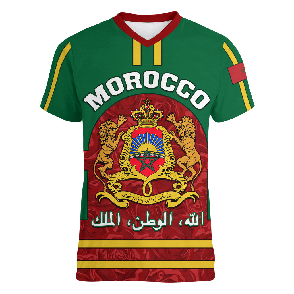 morocco-proclamation-day-women-v-neck-t-shirt-marruecos-coat-of-arms-roses-pattern