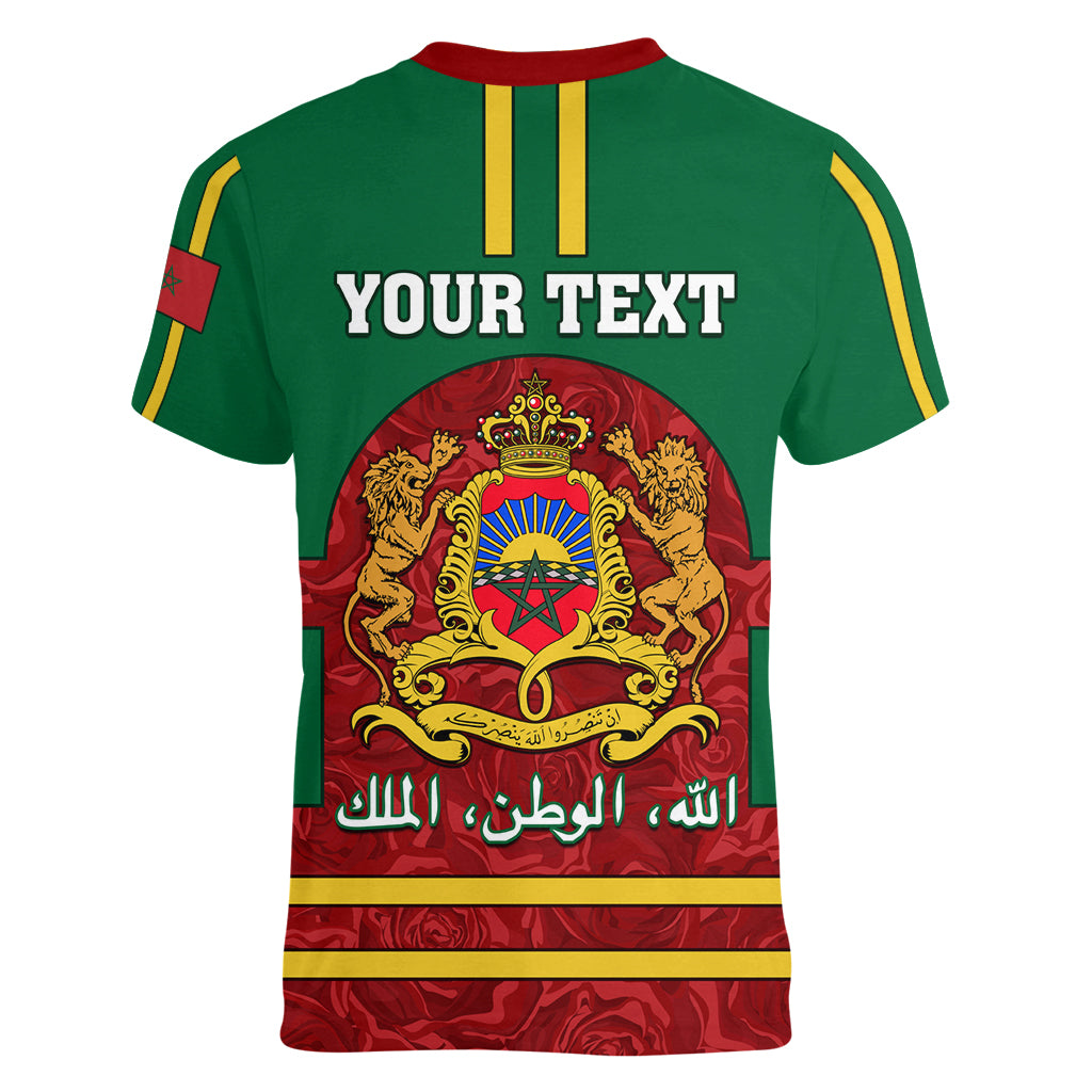 Morocco Proclamation Day Women V Neck T Shirt Marruecos Coat of Arms Roses Pattern - Wonder Print Shop