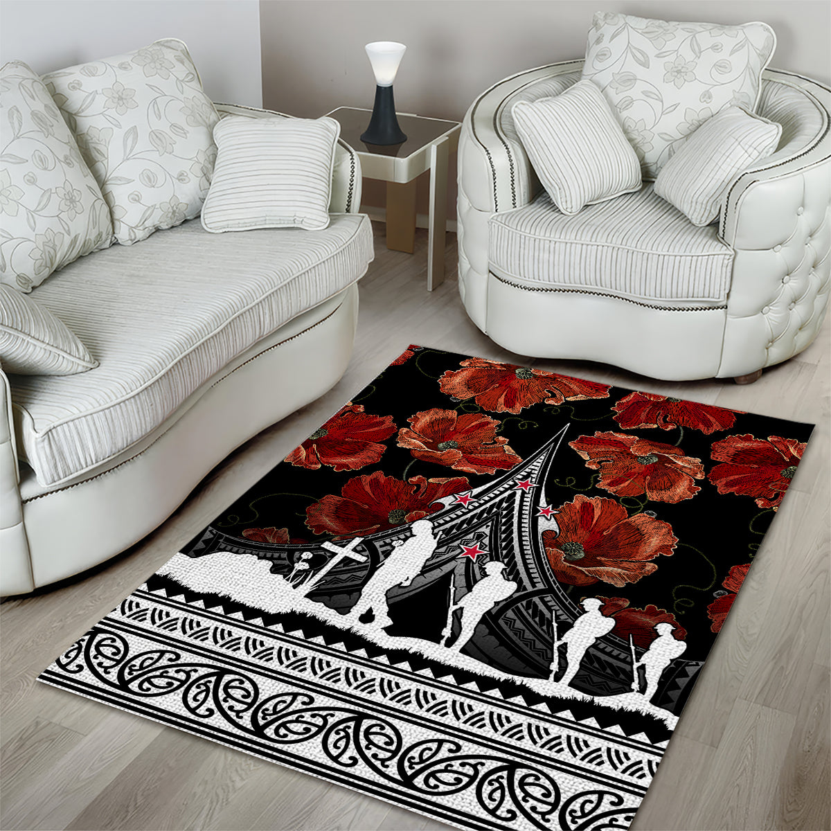 New Zealand ANZAC Day Area Rug Poppy With Polynesian Pattern - Wonder Print Shop
