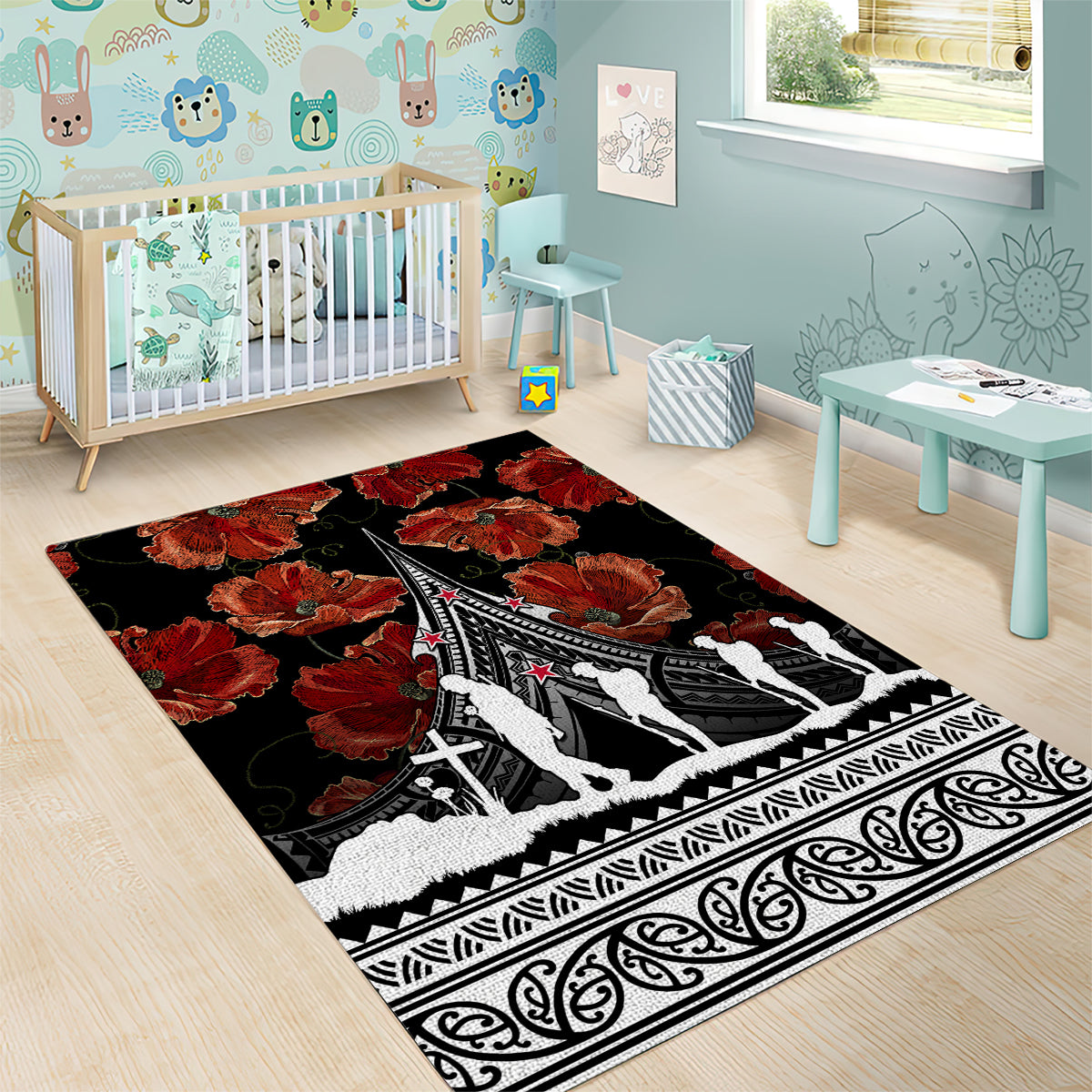 New Zealand ANZAC Day Area Rug Poppy With Polynesian Pattern - Wonder Print Shop