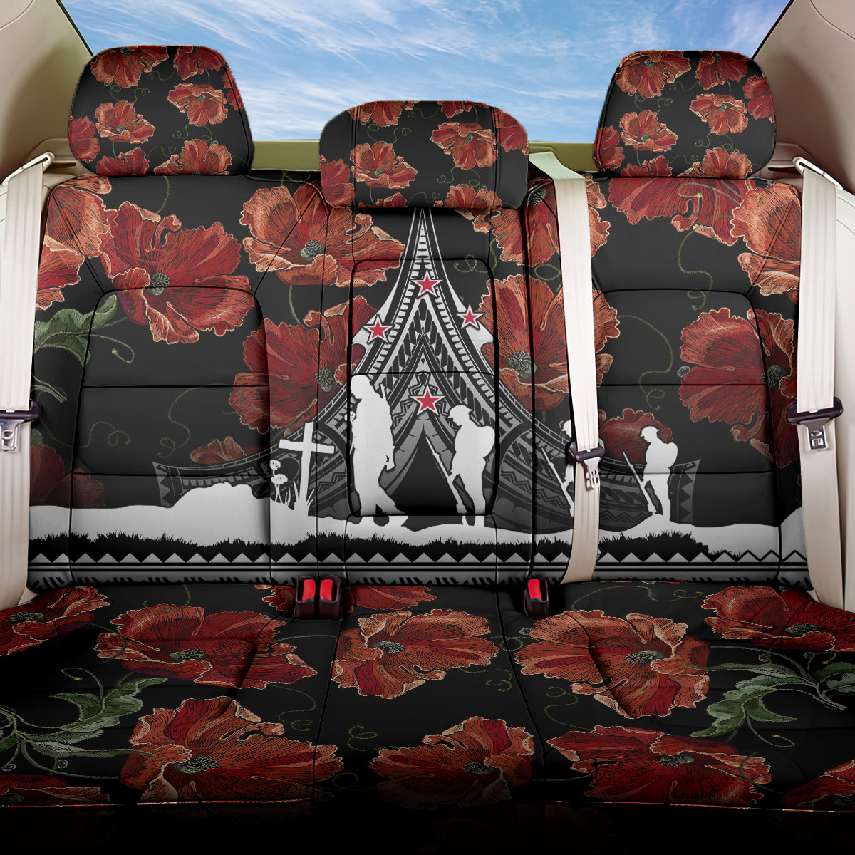 New Zealand ANZAC Day Back Car Seat Cover Poppy With Polynesian Pattern - Wonder Print Shop