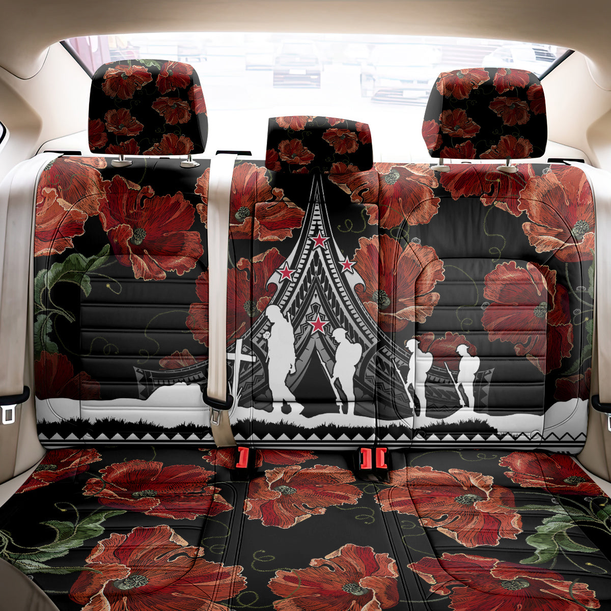 New Zealand ANZAC Day Back Car Seat Cover Poppy With Polynesian Pattern - Wonder Print Shop