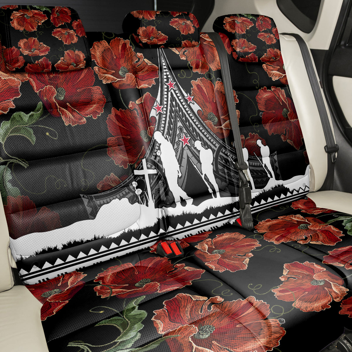 New Zealand ANZAC Day Back Car Seat Cover Poppy With Polynesian Pattern - Wonder Print Shop