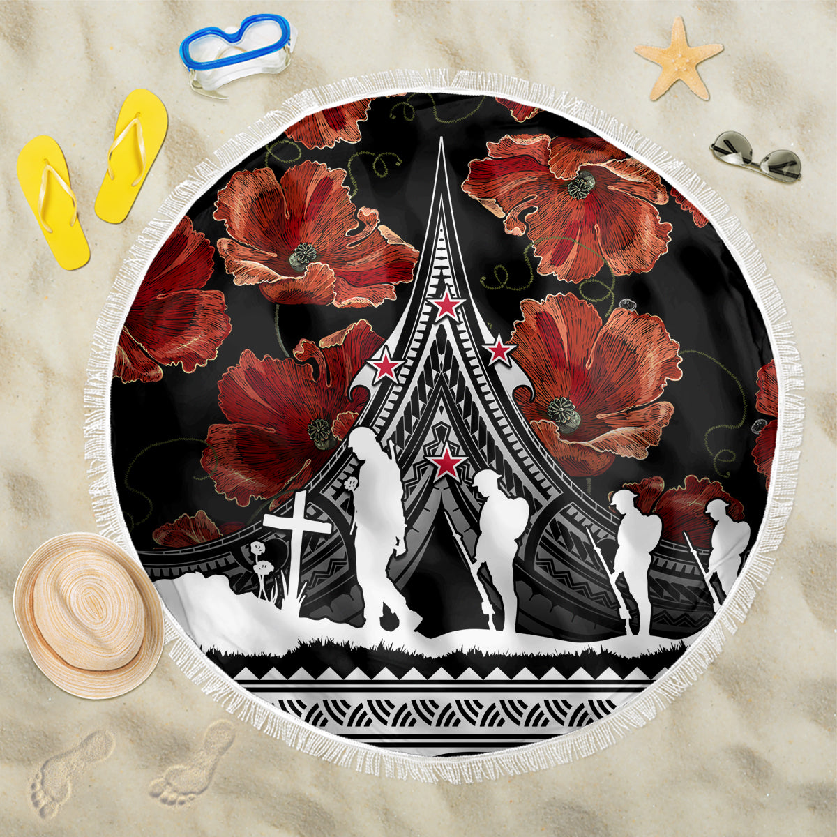 New Zealand ANZAC Day Beach Blanket Poppy With Polynesian Pattern - Wonder Print Shop