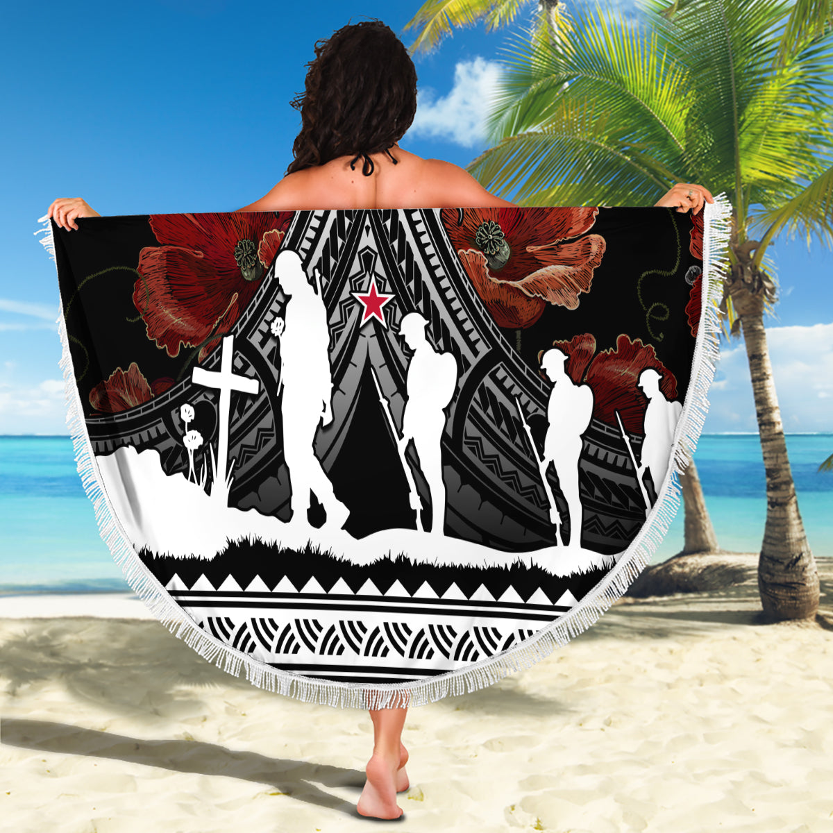 New Zealand ANZAC Day Beach Blanket Poppy With Polynesian Pattern - Wonder Print Shop