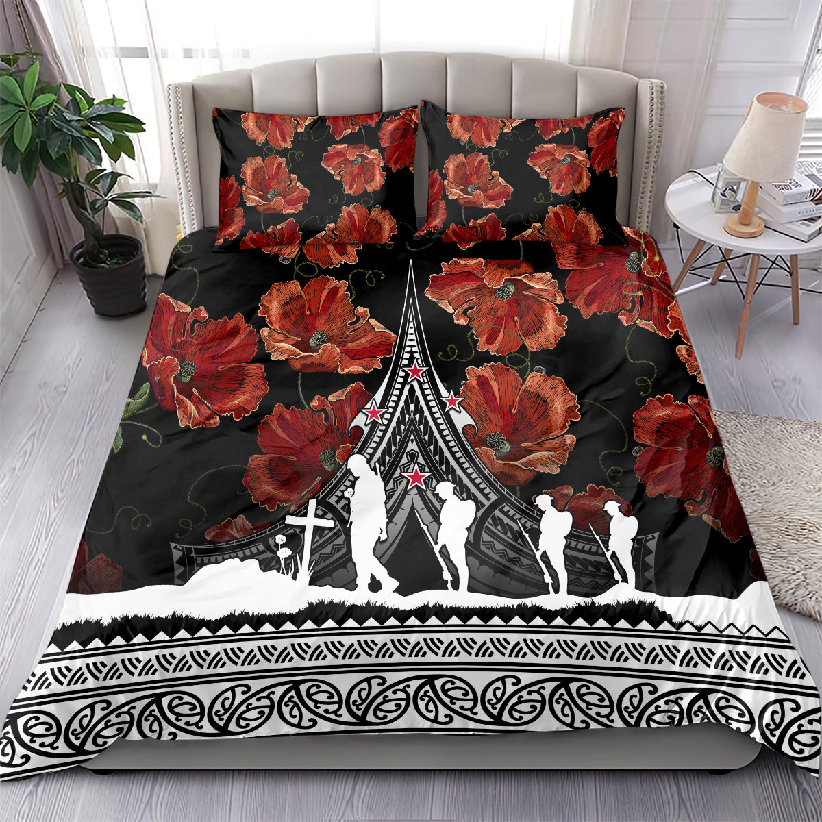 New Zealand ANZAC Day Bedding Set Poppy With Polynesian Pattern - Wonder Print Shop