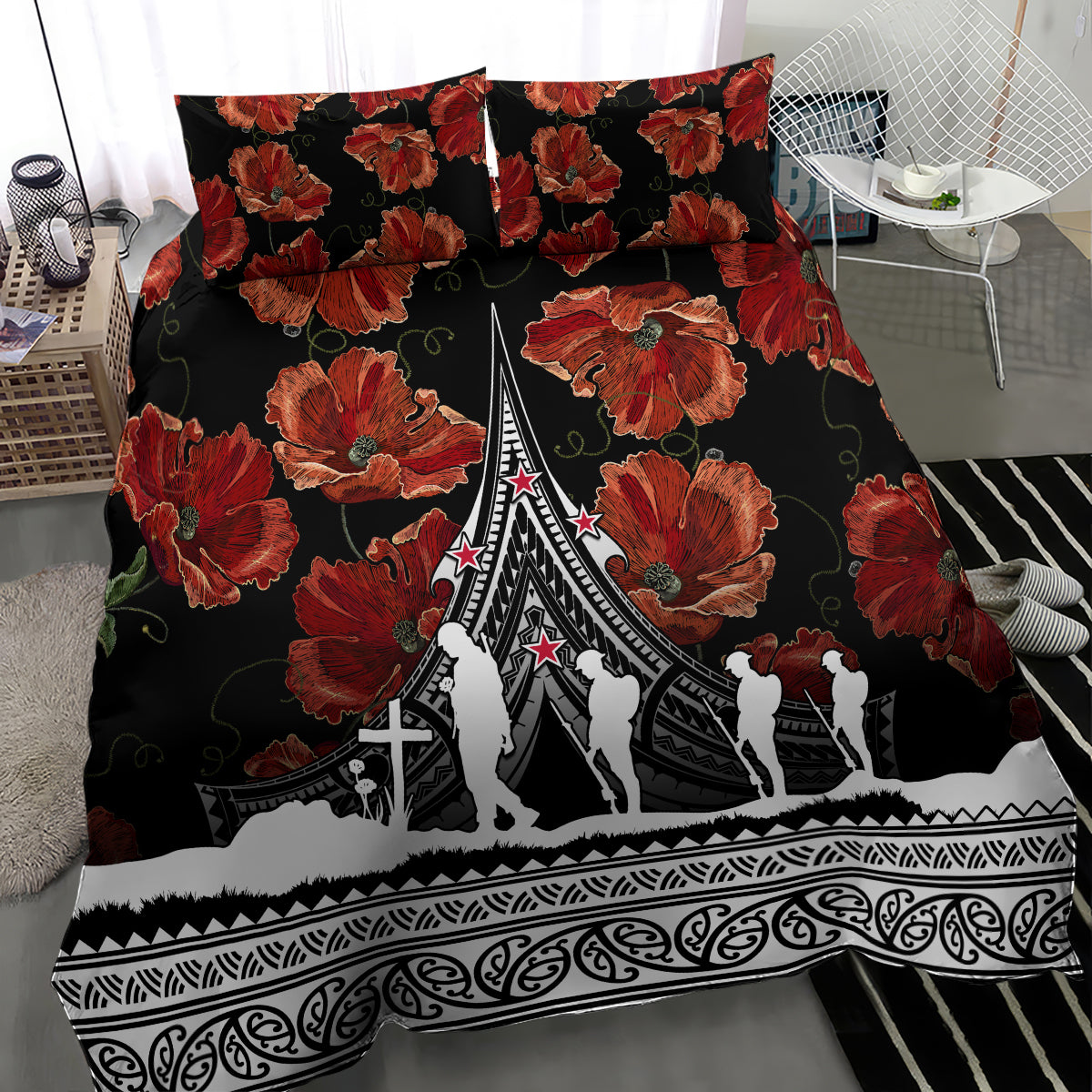 New Zealand ANZAC Day Bedding Set Poppy With Polynesian Pattern - Wonder Print Shop