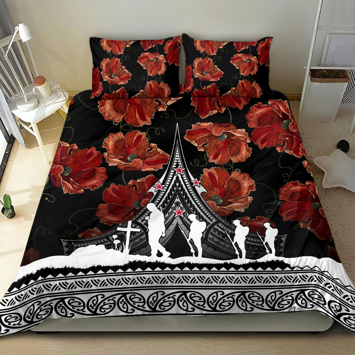 New Zealand ANZAC Day Bedding Set Poppy With Polynesian Pattern - Wonder Print Shop
