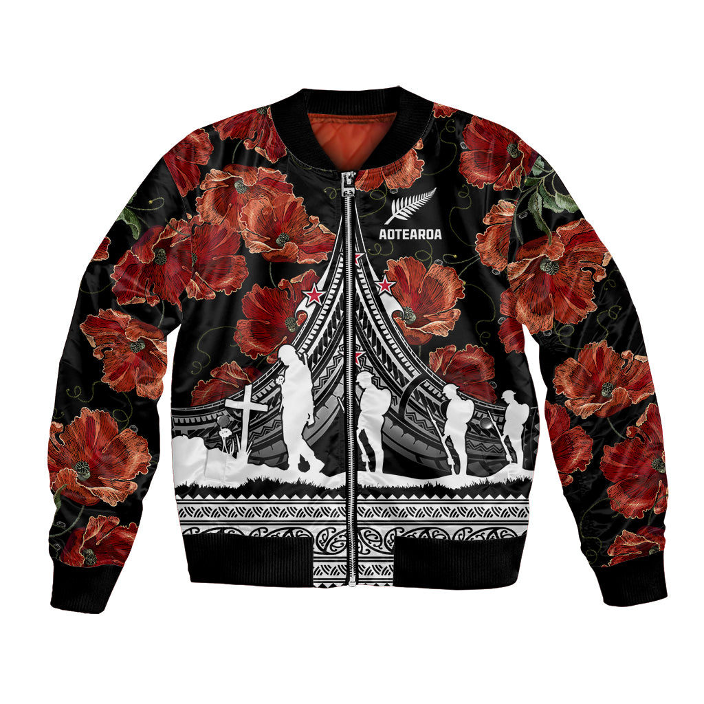 New Zealand ANZAC Day Bomber Jacket Poppy With Polynesian Pattern - Wonder Print Shop