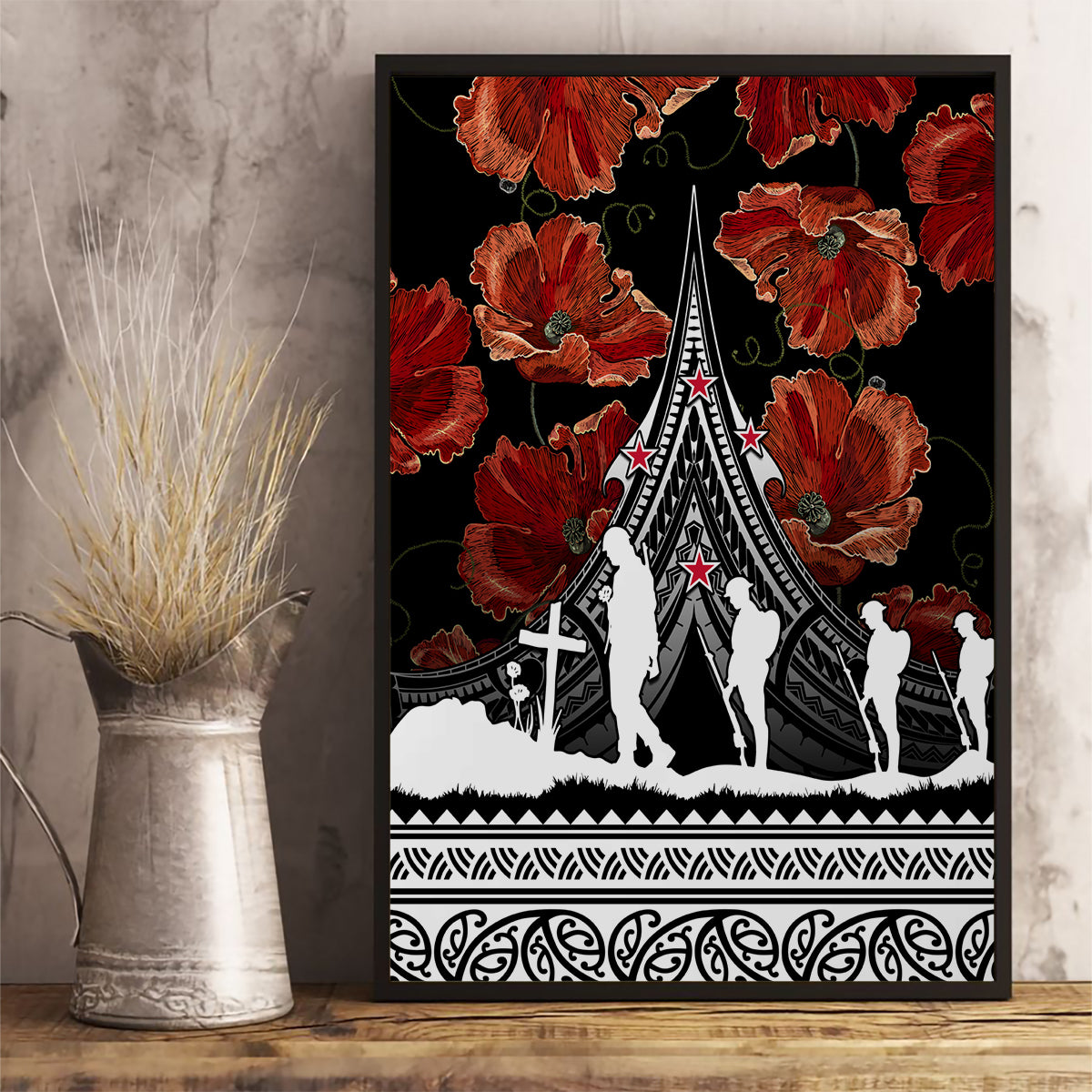 New Zealand ANZAC Day Canvas Wall Art Poppy With Polynesian Pattern - Wonder Print Shop
