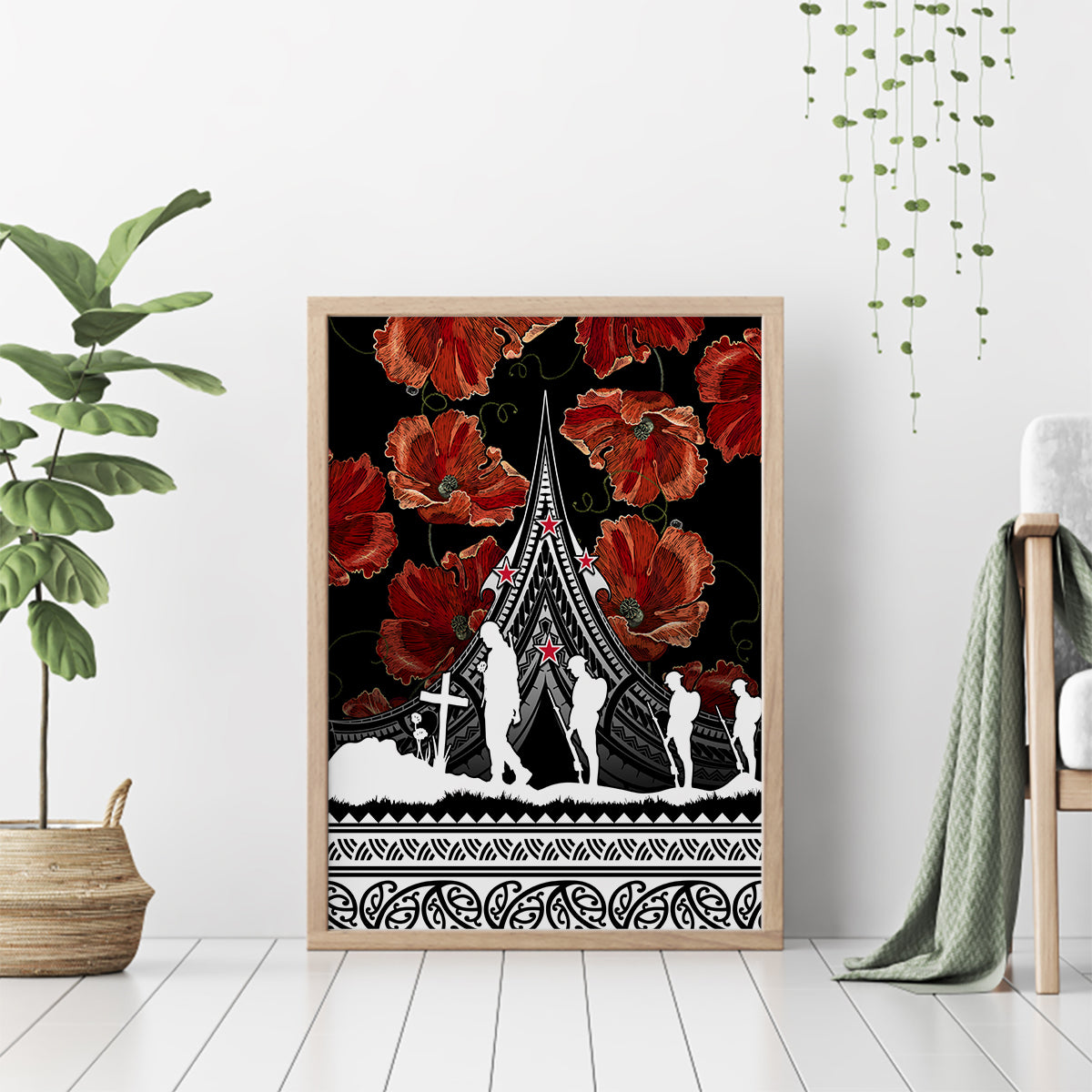New Zealand ANZAC Day Canvas Wall Art Poppy With Polynesian Pattern - Wonder Print Shop