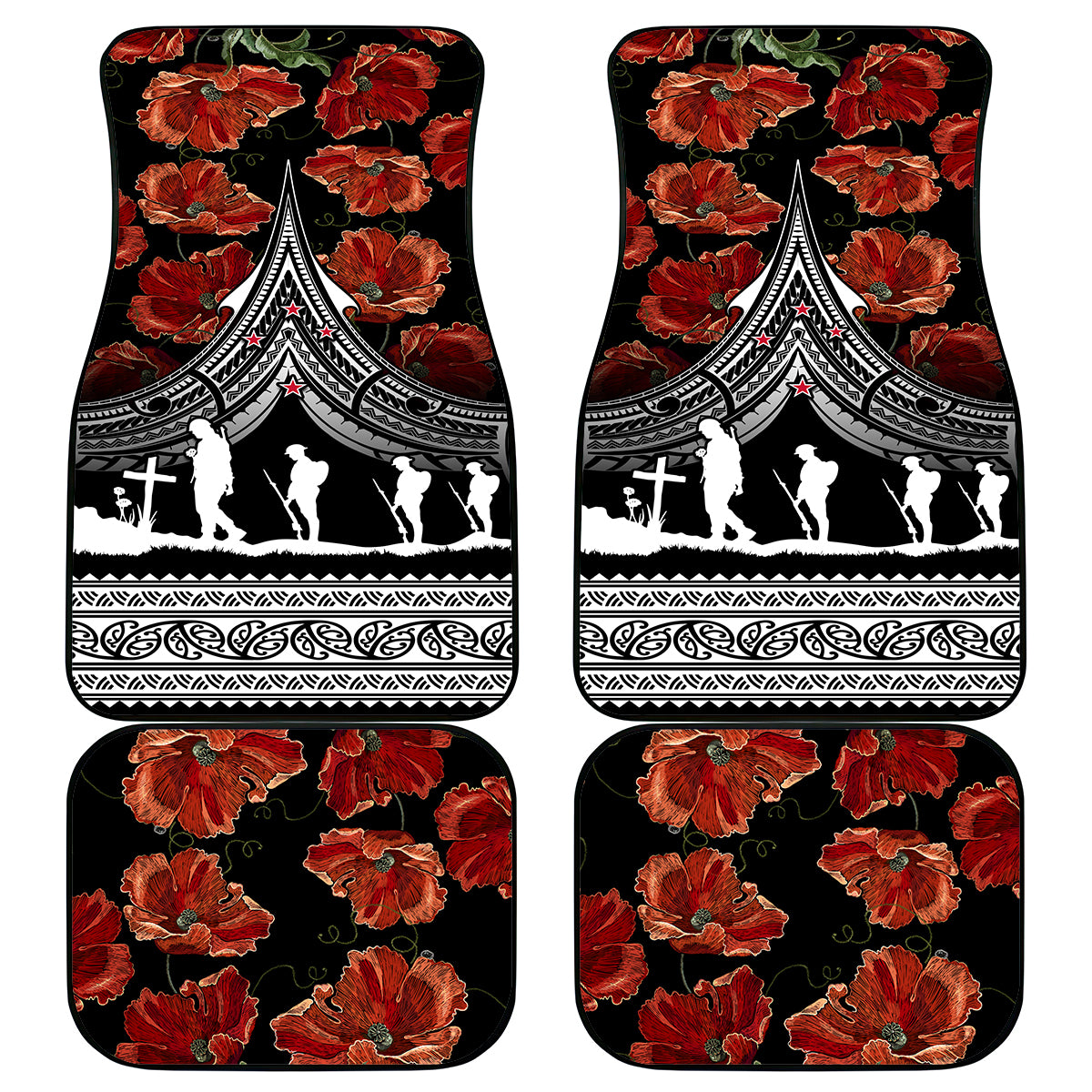 New Zealand ANZAC Day Car Mats Poppy With Polynesian Pattern - Wonder Print Shop