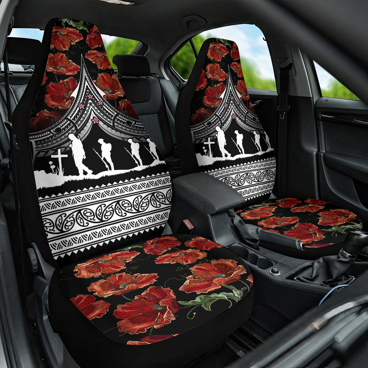New Zealand ANZAC Day Car Seat Cover Poppy With Polynesian Pattern - Wonder Print Shop