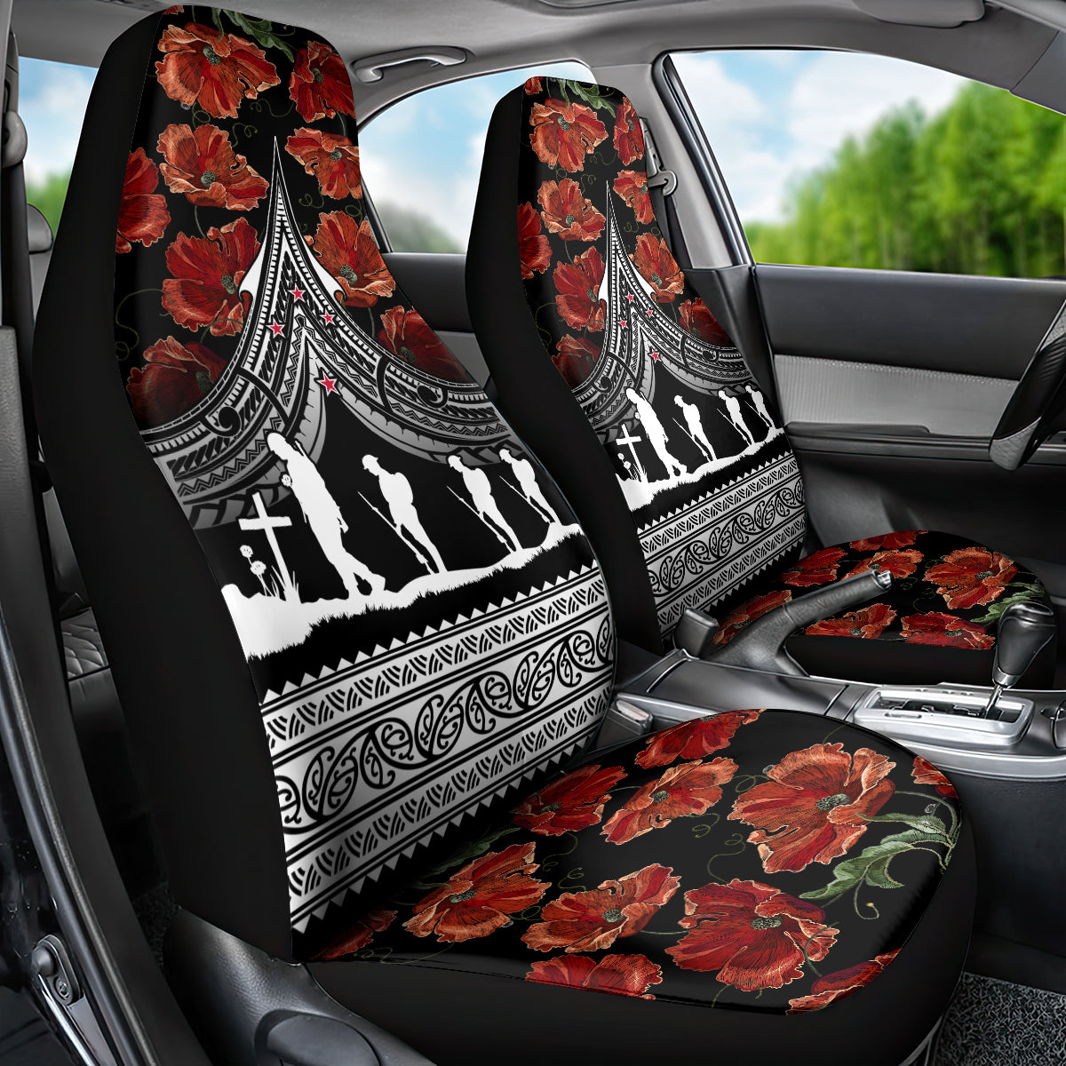 New Zealand ANZAC Day Car Seat Cover Poppy With Polynesian Pattern - Wonder Print Shop
