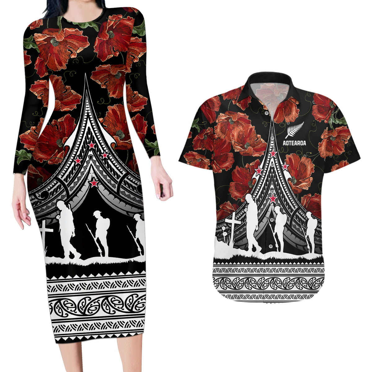 New Zealand ANZAC Day Couples Matching Long Sleeve Bodycon Dress and Hawaiian Shirt Poppy With Polynesian Pattern - Wonder Print Shop