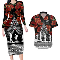New Zealand ANZAC Day Couples Matching Long Sleeve Bodycon Dress and Hawaiian Shirt Poppy With Polynesian Pattern - Wonder Print Shop