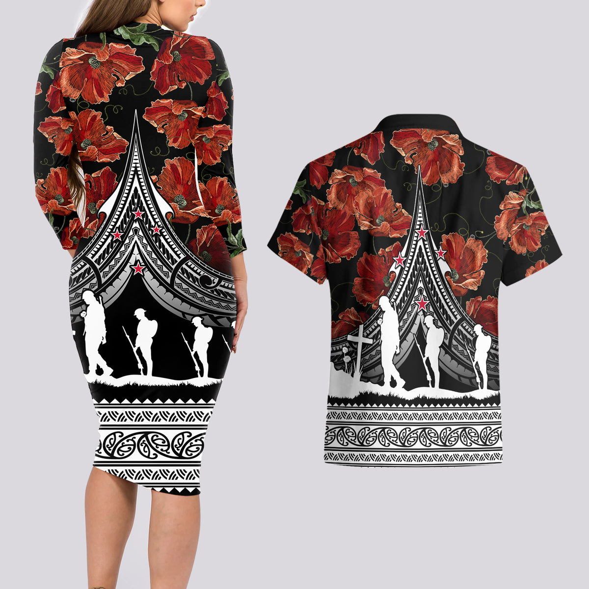 New Zealand ANZAC Day Couples Matching Long Sleeve Bodycon Dress and Hawaiian Shirt Poppy With Polynesian Pattern - Wonder Print Shop