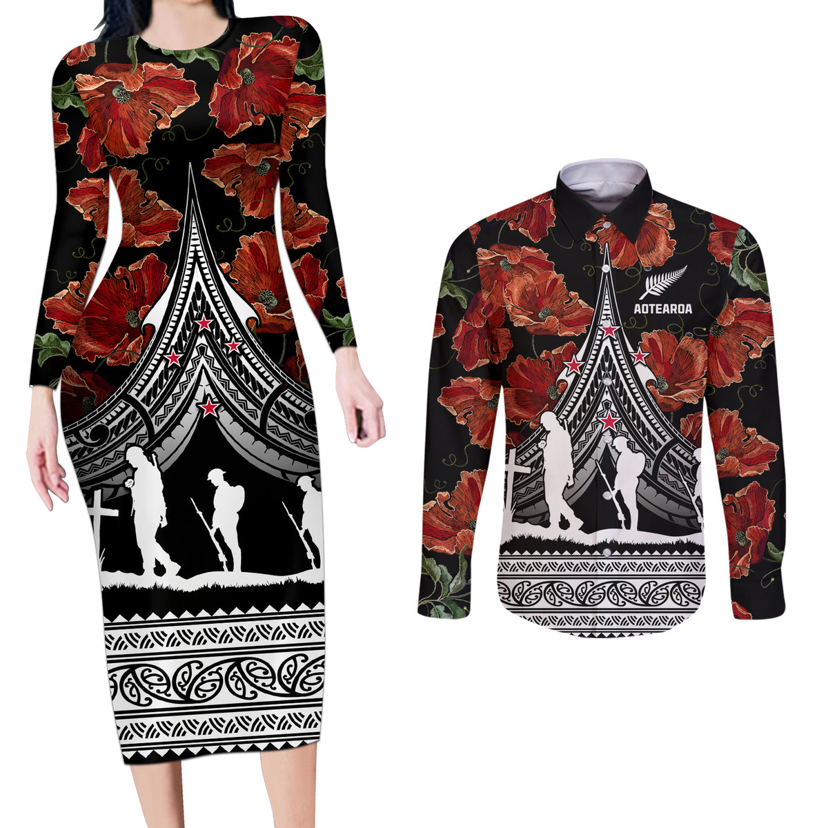 New Zealand ANZAC Day Couples Matching Long Sleeve Bodycon Dress and Long Sleeve Button Shirt Poppy With Polynesian Pattern - Wonder Print Shop