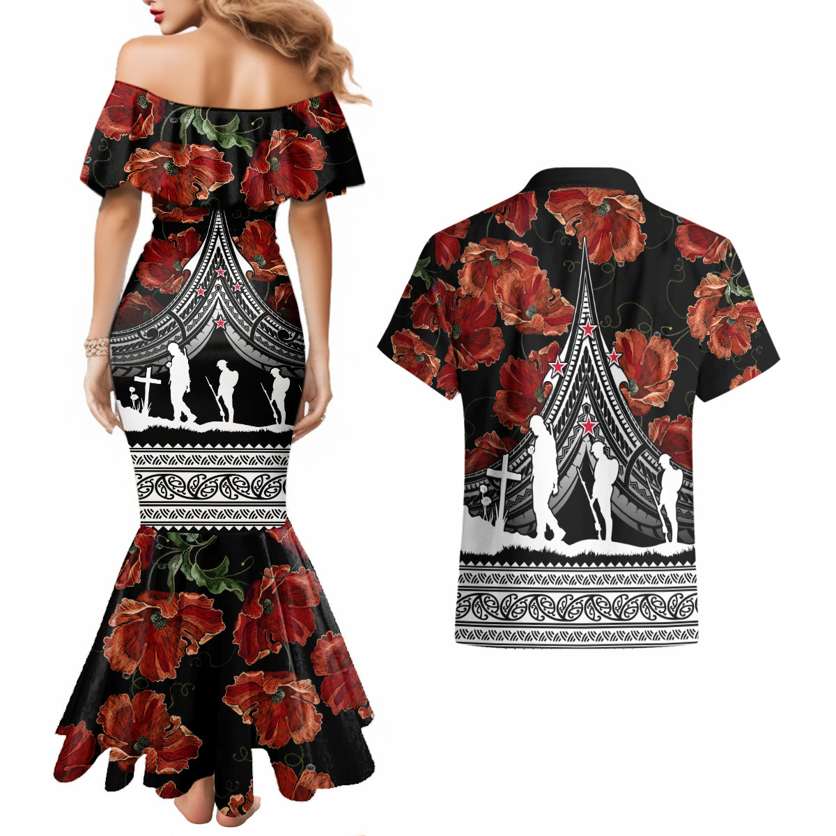 New Zealand ANZAC Day Couples Matching Mermaid Dress and Hawaiian Shirt Poppy With Polynesian Pattern - Wonder Print Shop