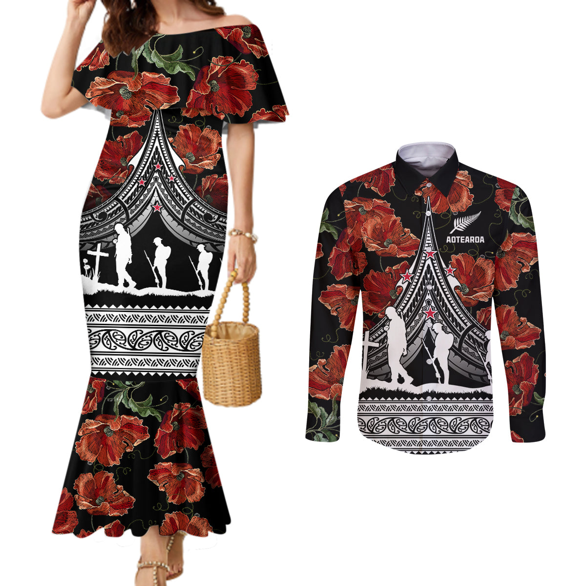 new-zealand-anzac-day-couples-matching-mermaid-dress-and-long-sleeve-button-shirt-poppy-with-polynesian-pattern