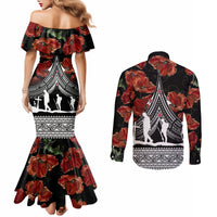 new-zealand-anzac-day-couples-matching-mermaid-dress-and-long-sleeve-button-shirt-poppy-with-polynesian-pattern