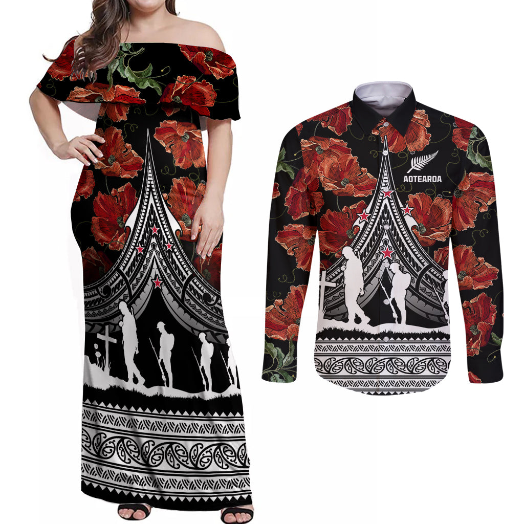 New Zealand ANZAC Day Couples Matching Off Shoulder Maxi Dress and Long Sleeve Button Shirt Poppy With Polynesian Pattern - Wonder Print Shop