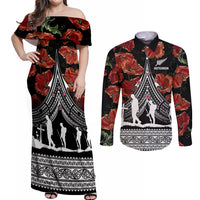 New Zealand ANZAC Day Couples Matching Off Shoulder Maxi Dress and Long Sleeve Button Shirt Poppy With Polynesian Pattern - Wonder Print Shop