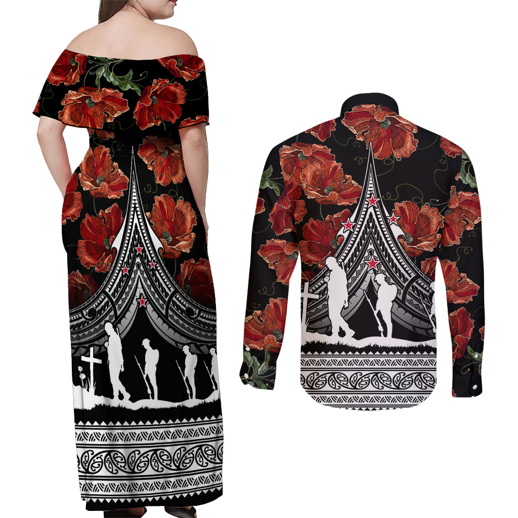 New Zealand ANZAC Day Couples Matching Off Shoulder Maxi Dress and Long Sleeve Button Shirt Poppy With Polynesian Pattern - Wonder Print Shop