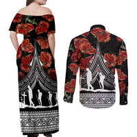 New Zealand ANZAC Day Couples Matching Off Shoulder Maxi Dress and Long Sleeve Button Shirt Poppy With Polynesian Pattern - Wonder Print Shop