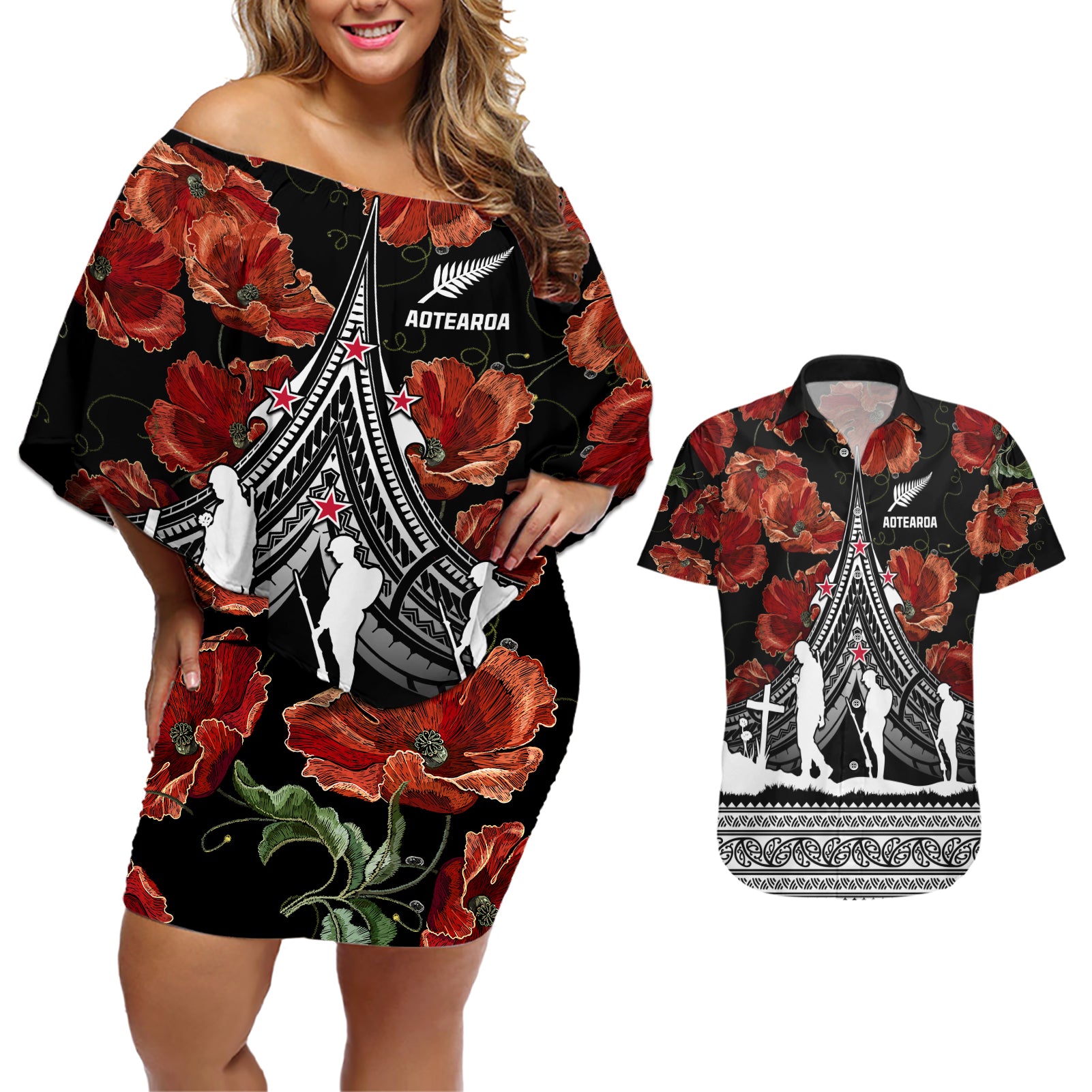 New Zealand ANZAC Day Couples Matching Off Shoulder Short Dress and Hawaiian Shirt Poppy With Polynesian Pattern - Wonder Print Shop