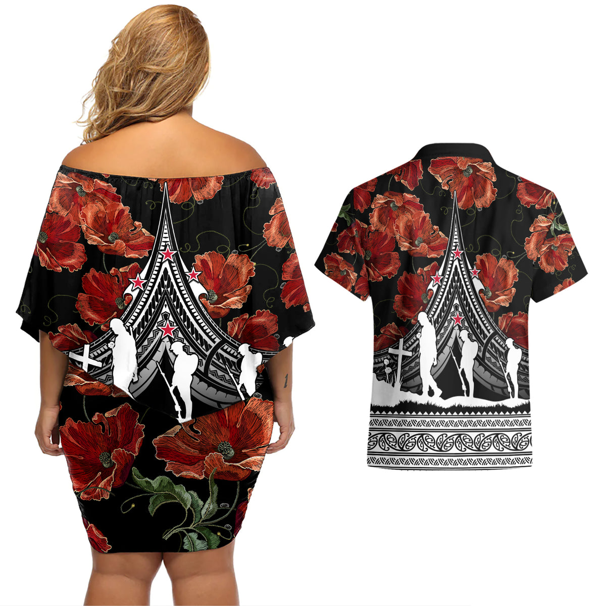 New Zealand ANZAC Day Couples Matching Off Shoulder Short Dress and Hawaiian Shirt Poppy With Polynesian Pattern - Wonder Print Shop