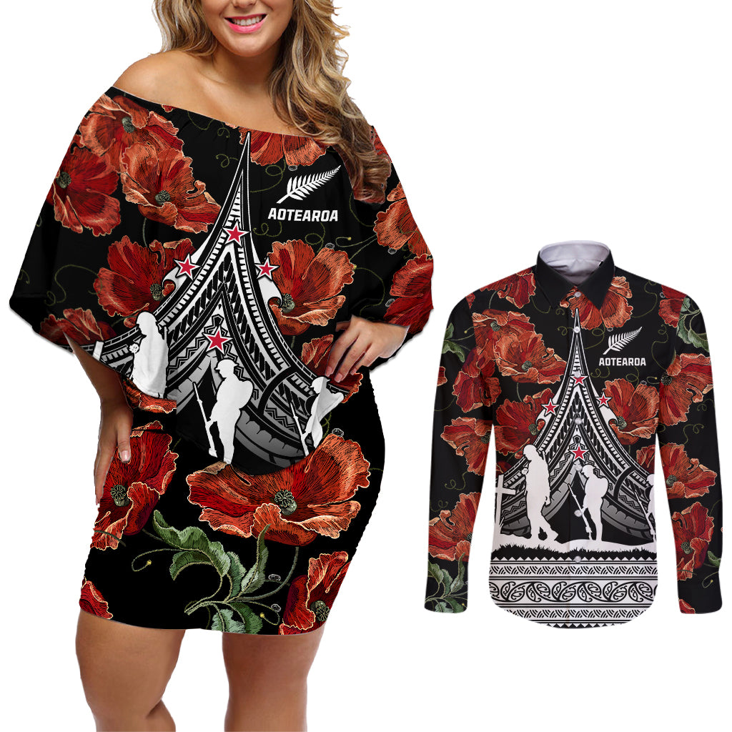 New Zealand ANZAC Day Couples Matching Off Shoulder Short Dress and Long Sleeve Button Shirt Poppy With Polynesian Pattern - Wonder Print Shop