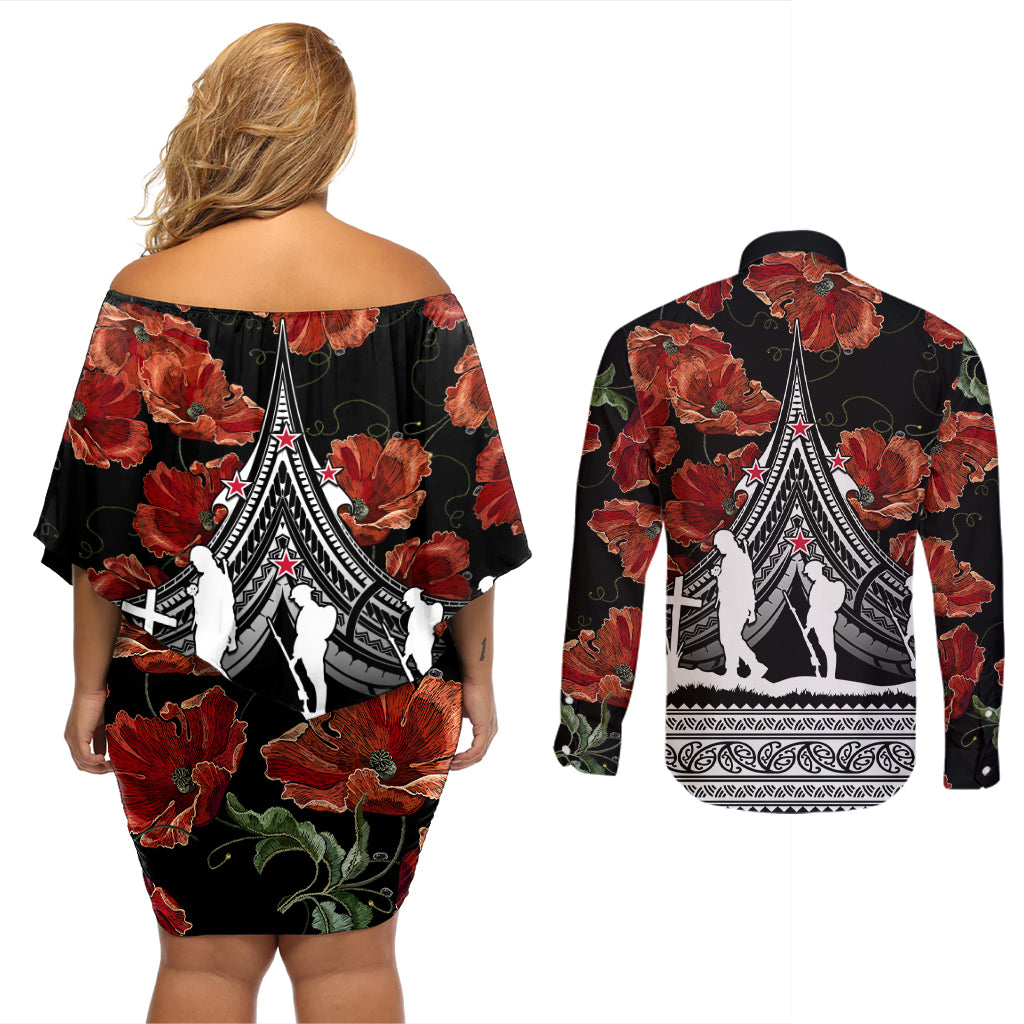 New Zealand ANZAC Day Couples Matching Off Shoulder Short Dress and Long Sleeve Button Shirt Poppy With Polynesian Pattern - Wonder Print Shop