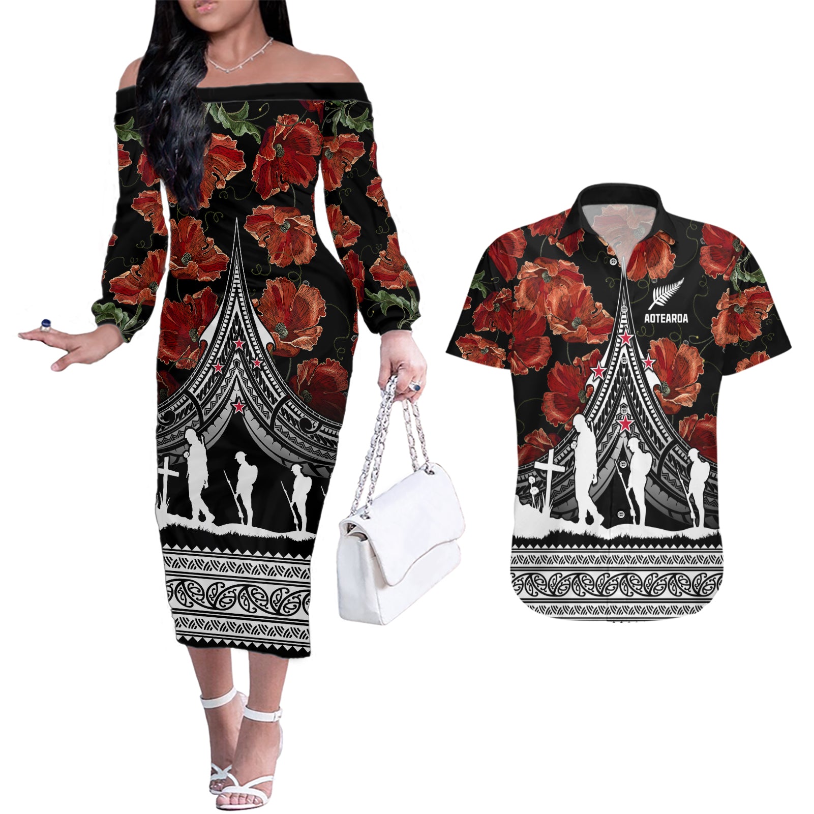 New Zealand ANZAC Day Couples Matching Off The Shoulder Long Sleeve Dress and Hawaiian Shirt Poppy With Polynesian Pattern - Wonder Print Shop