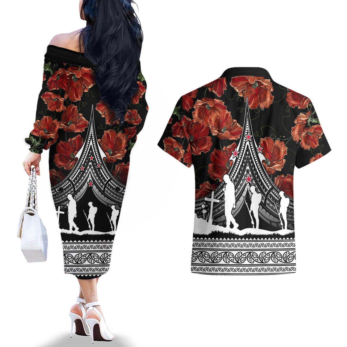 New Zealand ANZAC Day Couples Matching Off The Shoulder Long Sleeve Dress and Hawaiian Shirt Poppy With Polynesian Pattern - Wonder Print Shop