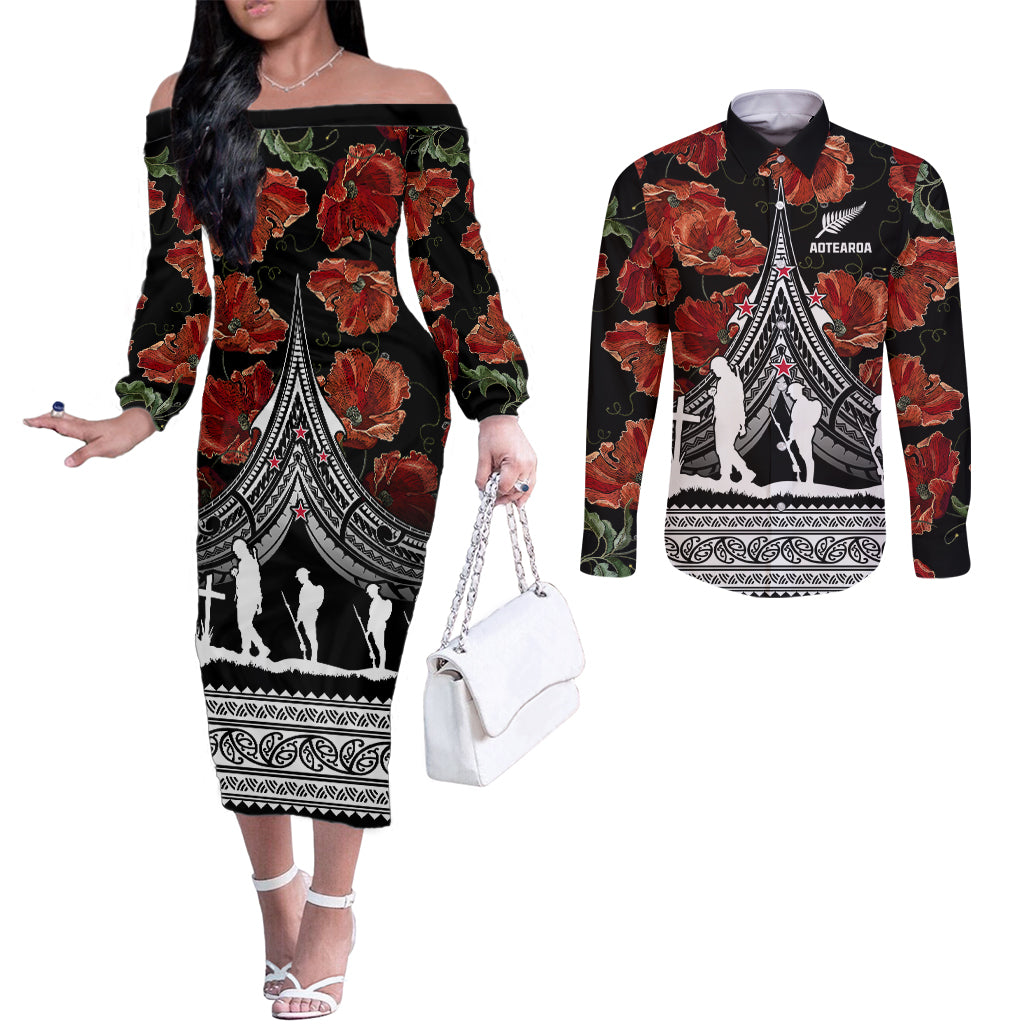 new-zealand-anzac-day-couples-matching-off-the-shoulder-long-sleeve-dress-and-long-sleeve-button-shirt-poppy-with-polynesian-pattern
