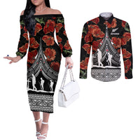 new-zealand-anzac-day-couples-matching-off-the-shoulder-long-sleeve-dress-and-long-sleeve-button-shirt-poppy-with-polynesian-pattern