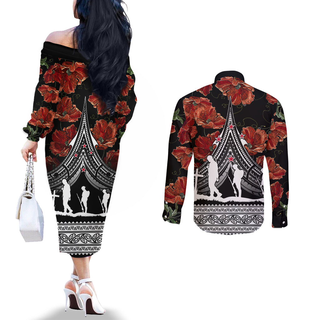 new-zealand-anzac-day-couples-matching-off-the-shoulder-long-sleeve-dress-and-long-sleeve-button-shirt-poppy-with-polynesian-pattern